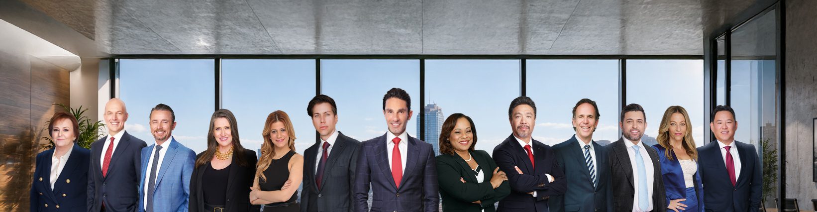Wilshire Law Firm's award-winning personal injury and employment attorneys standing together at Wilshire Law Firm, 660 S. Figueroa Street, Sky Lobby, Los Angeles, CA 90017